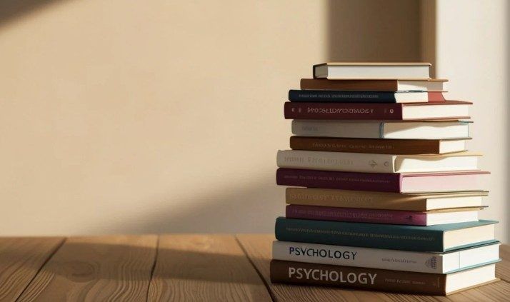 Pila de libros de psicología sobre una mesa de madera con luz natural
