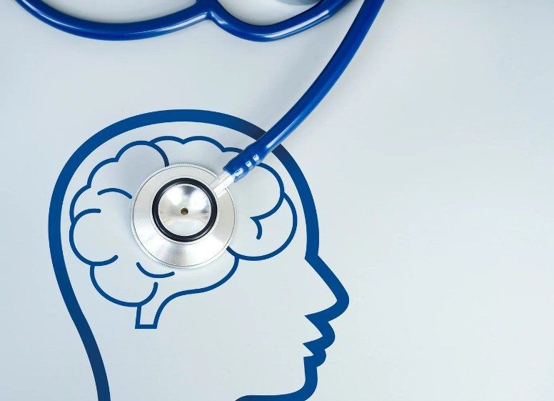 Ilustración de un cerebro con estetoscopio que representa la psicología sanitaria colegiada